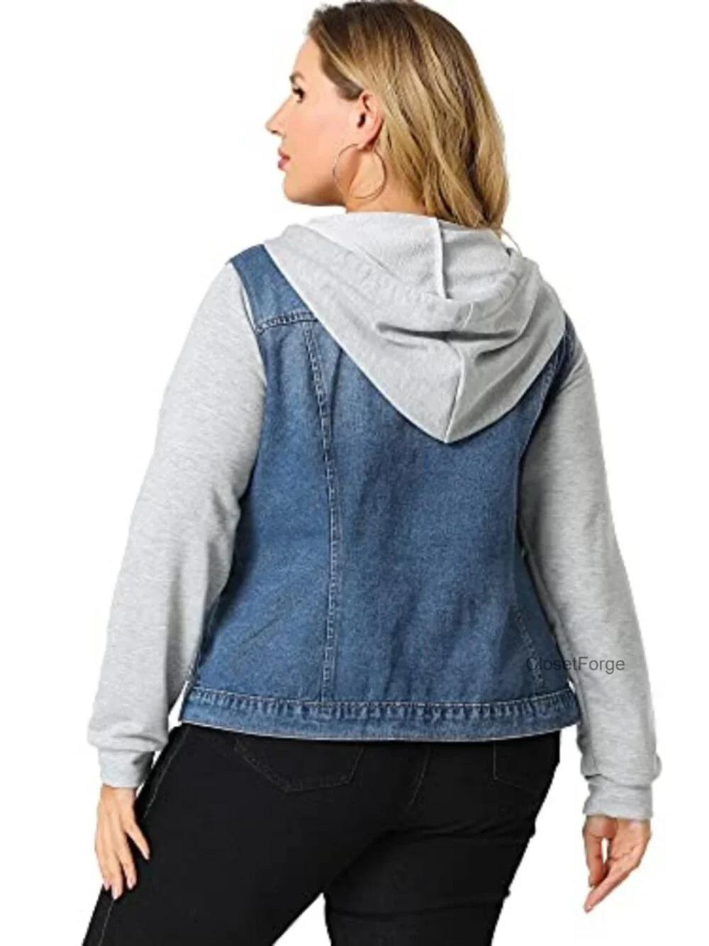 Plus Size Denim Jacket with Drawstring Hoodie Button Up